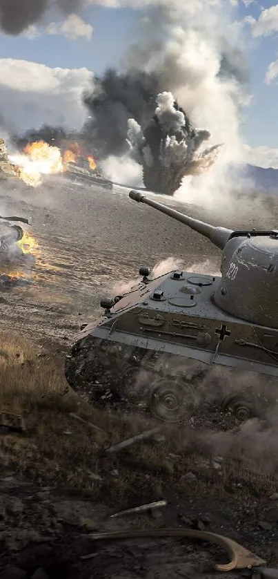 Epic tank battle scene on mobile wallpaper.