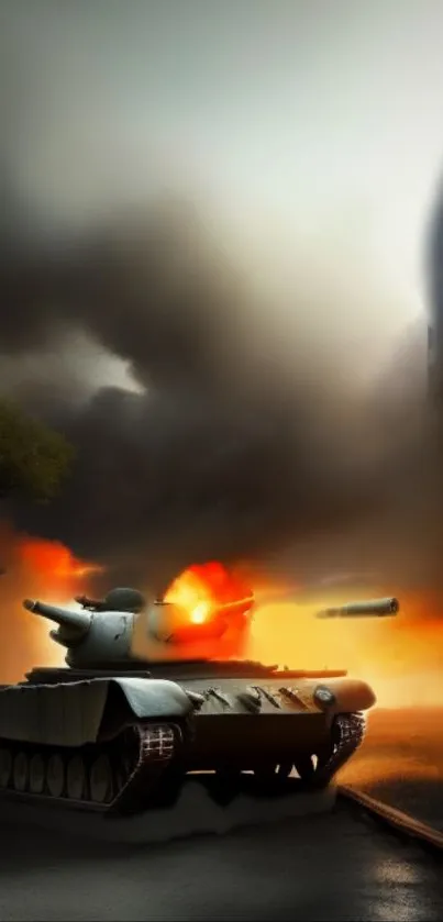 Mobile wallpaper of a tank in battle with explosions.