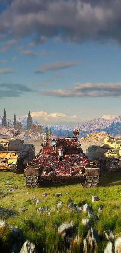 Epic tank battle in scenic landscape background.