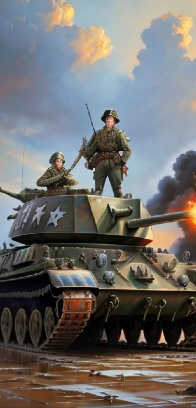 Epic tank with soldiers and explosions in action-packed scene.