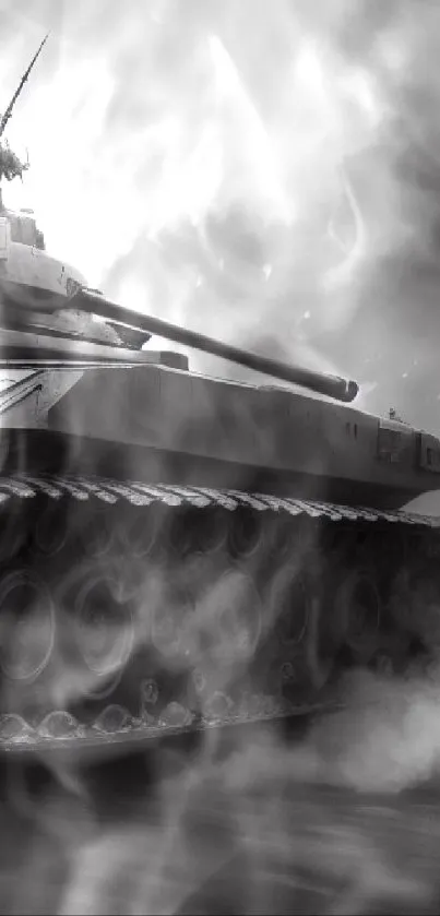 A dramatic grayscale image of a tank amidst smoke, highlighting military power.