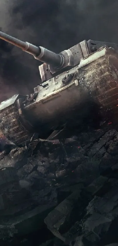 Epic tank battle scene with fiery rubble and destruction.