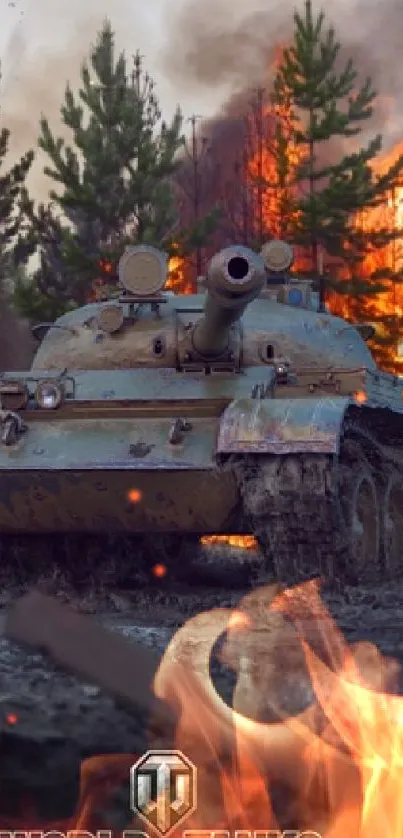 Tank plowing through a fiery forest battlefield.