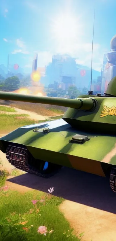 Vibrant tank in sunny landscape mobile wallpaper.