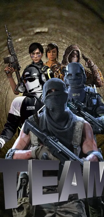 Epic gaming wallpaper with armed team in a tunnel setting.