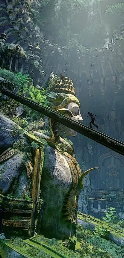 A climber ascends a huge ancient statue amid lush greenery in sunlit ruins.