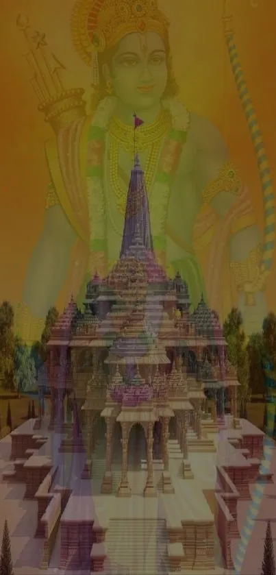 Majestic temple with ethereal deity backdrop in vibrant colors.