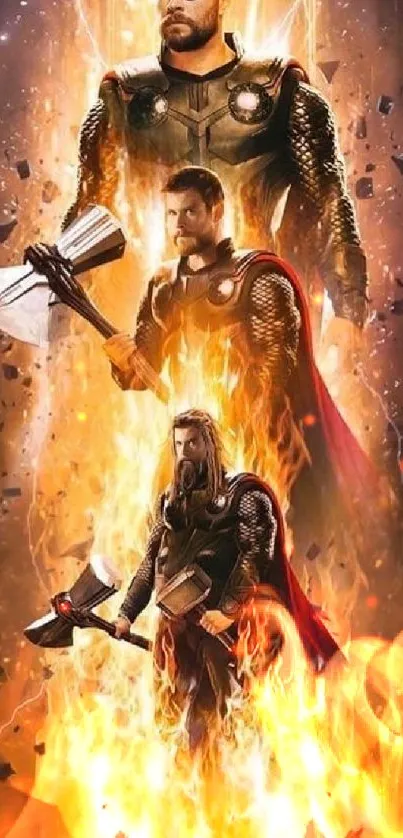 Epic image of Thor holding a hammer amidst flames.