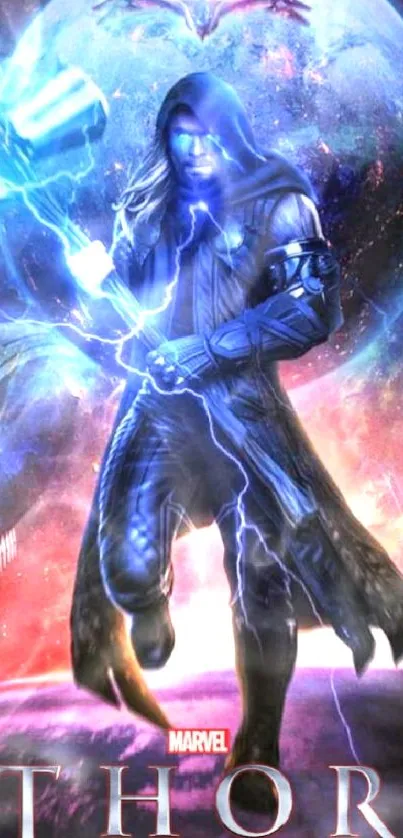 Epic Thor wallpaper with galactic lightning and cosmic theme.