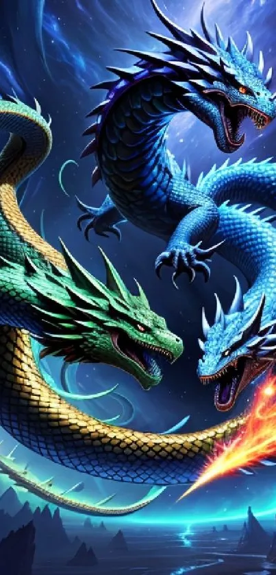 Three-headed dragon art with vivid colors and fiery details in a night sky.