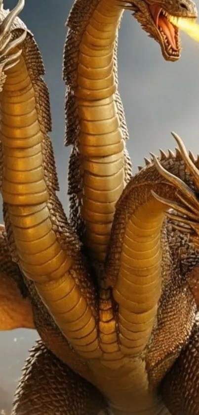 Three-headed dragon breathing fire in an epic fantasy scene.