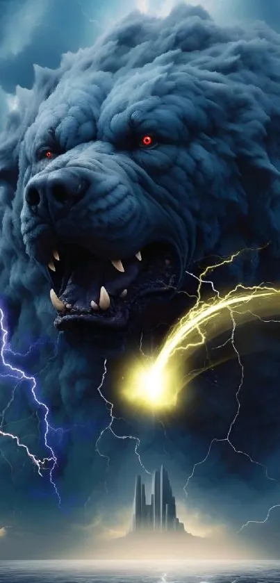 Epic thunderous beast with lightning in dark stormy sky.