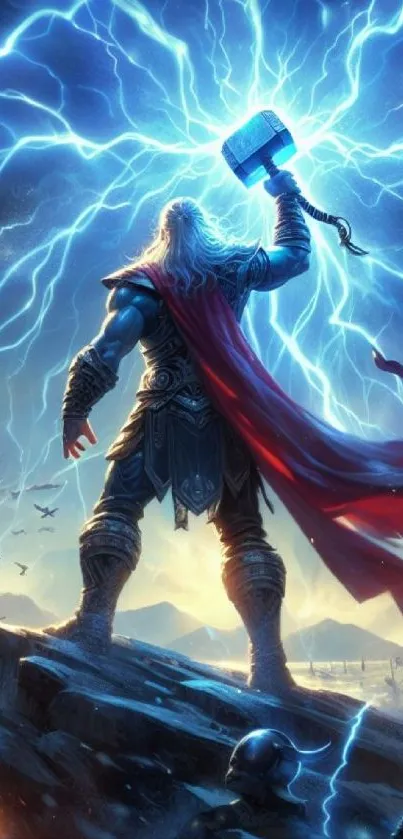 Thunder god with hammer amid blue lightning storm.