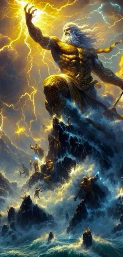 Majestic god of thunder standing on ocean waves.