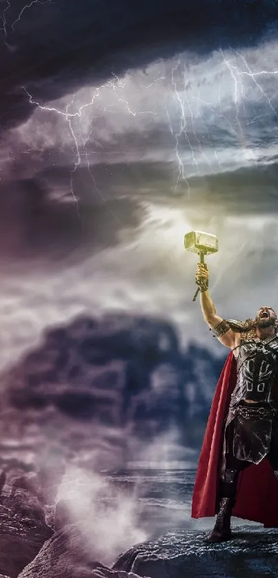 Thunder God holding hammer against stormy sky.