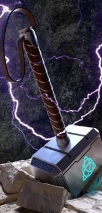 Epic hammer with lightning on a dark rock surface wallpaper.