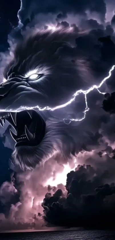 Lion in stormy clouds with lightning bolt.