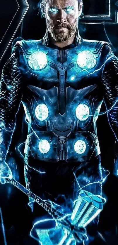 Thunder warrior in neon lighting holds a glowing weapon.