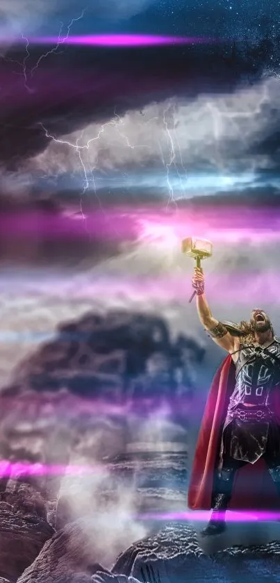 Epic warrior holding hammer under dramatic sky.