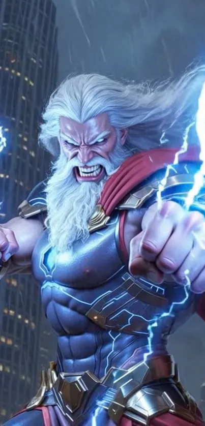 Thunder warrior with lightning and cape in urban setting.