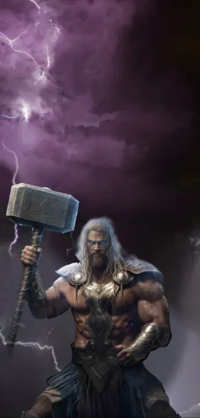 Epic warrior holding a hammer amidst a stormy, lightning-filled background.