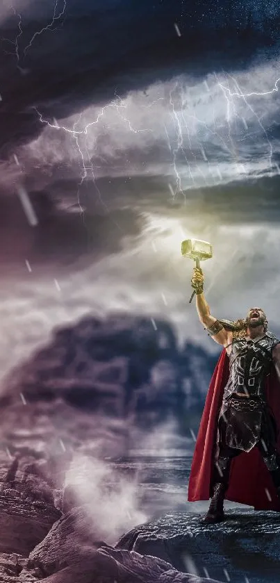 Epic thunder warrior holds hammer in dramatic night sky.