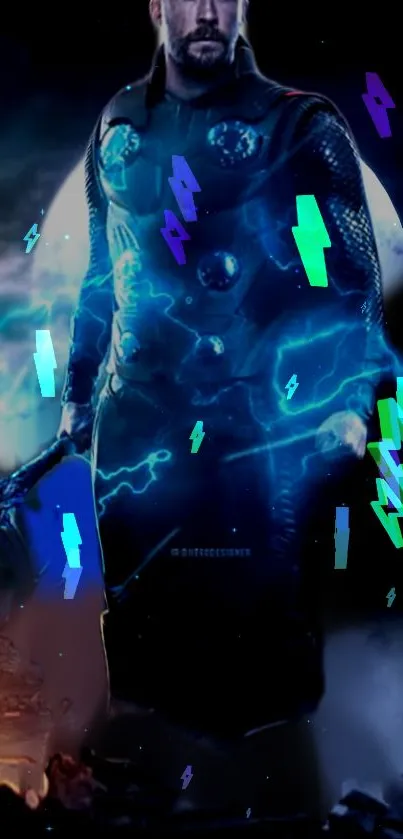 Epic fantasy wallpaper of a hero in a neon thunderstorm scene for mobile.