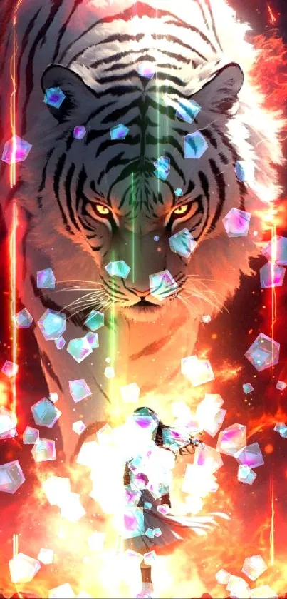 White tiger facing warrior, surrounded by fire in fantasy art.