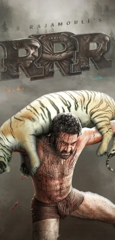 A warrior triumphantly holding a tiger in an epic mobile wallpaper scene.