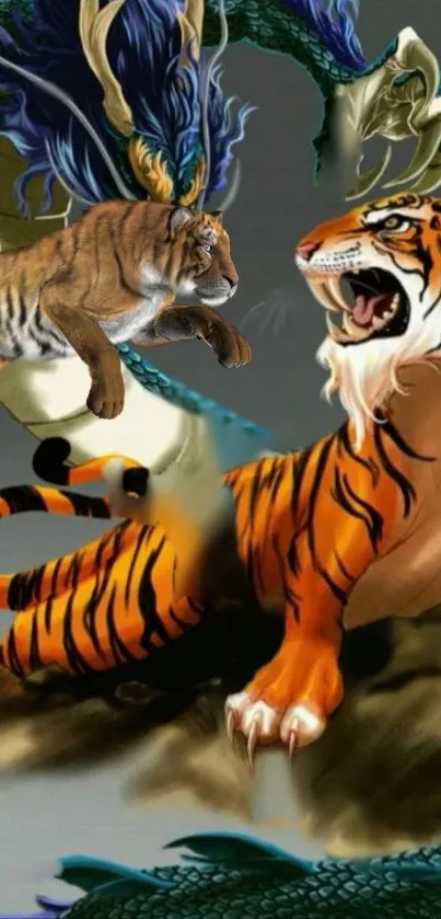 Epic tiger battle scene on mobile wallpaper.