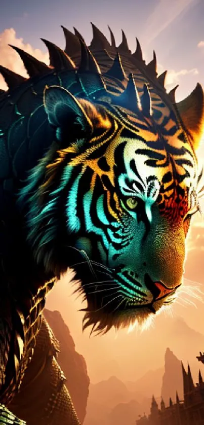 Tiger-dragon fantasy art wallpaper with mystical temple background.