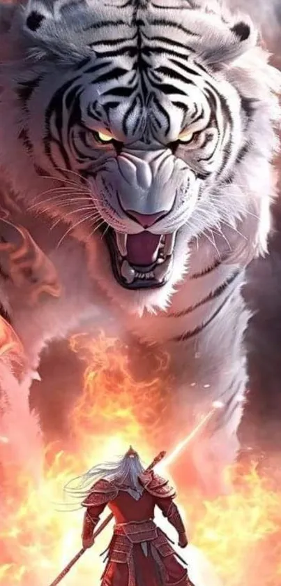 Epic fantasy wallpaper with a white tiger and warrior scene.