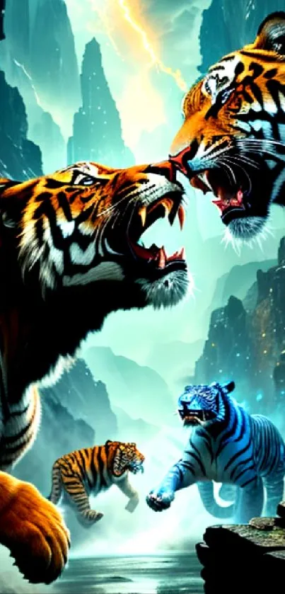 Epic showdown of three tigers in vibrant jungle setting.