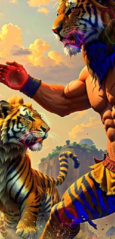 Tiger warrior with cub in fantasy landscape, vibrant and epic.