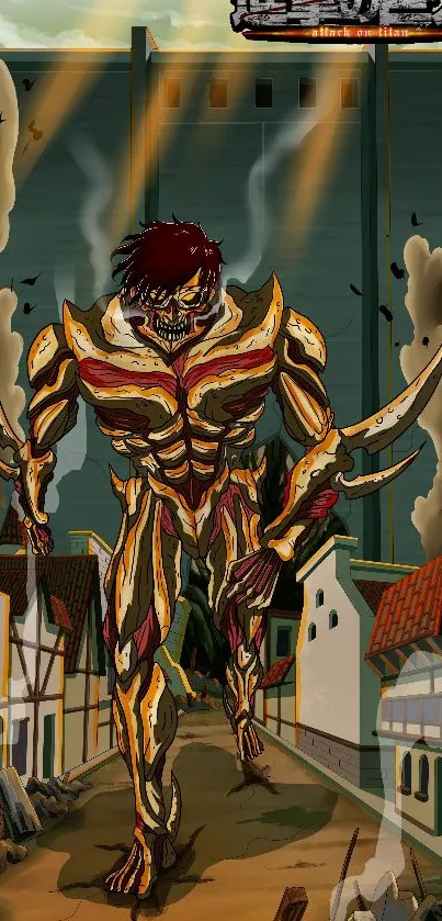 Titan striding through medieval town in epic anime wallpaper.