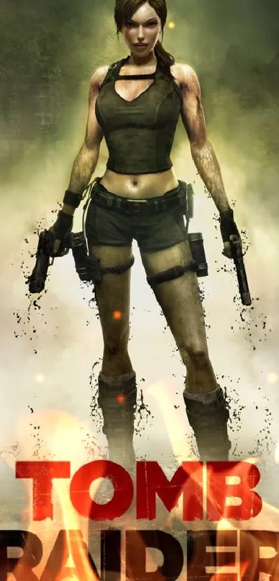 Lara Croft in action pose, Tomb Raider style.