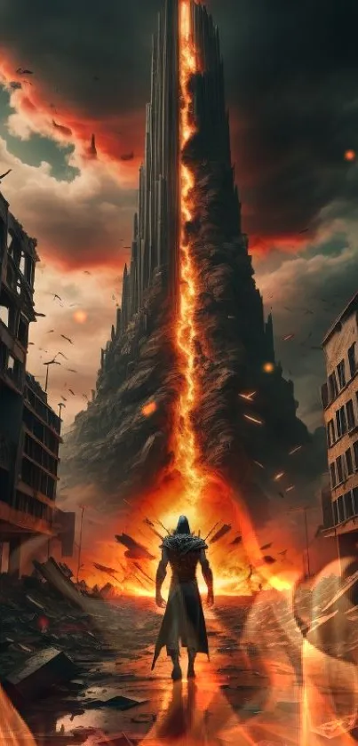 Epic wallpaper featuring a hero facing a fiery, towering inferno amidst ruins.