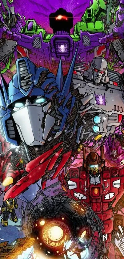 Epic Transformers battle art in vibrant colors with iconic robot characters.