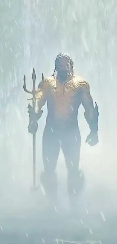 Warrior with trident stands in cascading waterfall, creating an epic, powerful scene.