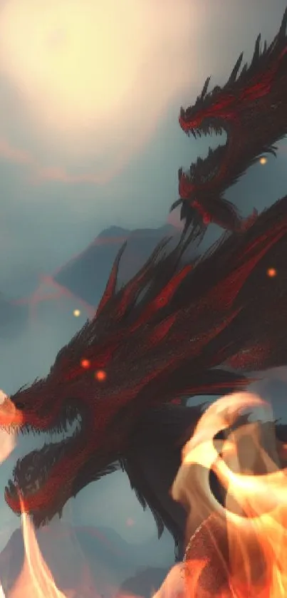 Epic triple dragon artwork with dark sky.