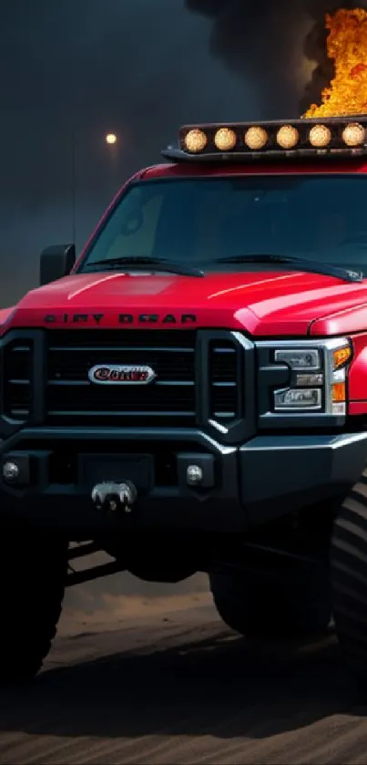 A red off-road truck with flames in the background on a smoky desert road.