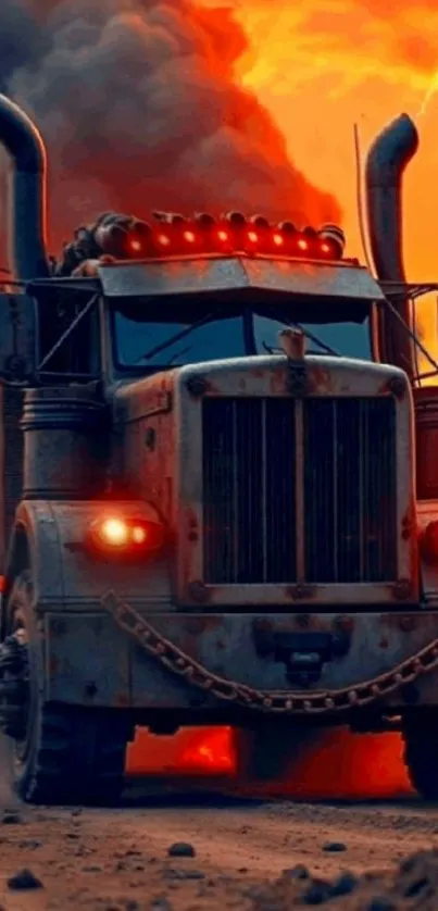 Epic truck driving through fiery sunset.