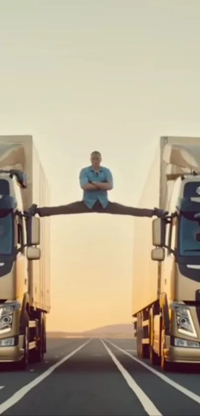 Man performs a daring balance stunt between two moving trucks.