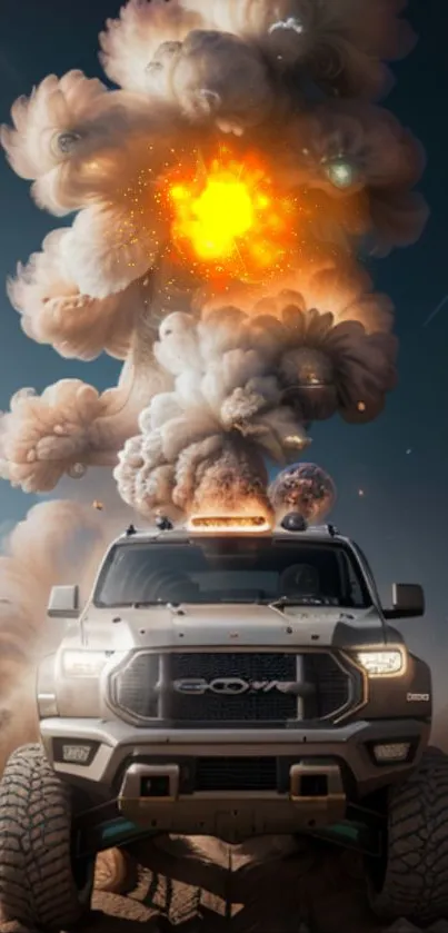 Dynamic truck amidst dramatic explosion with fiery orange and smoky clouds.