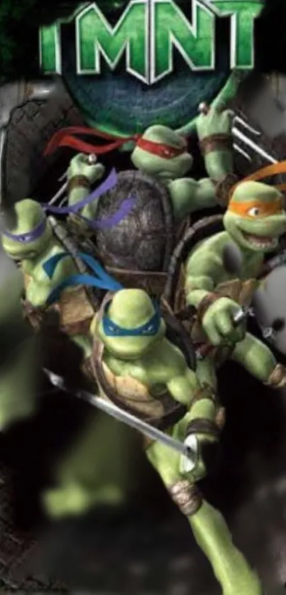 Vivid illustration of warrior turtles in action-ready poses.