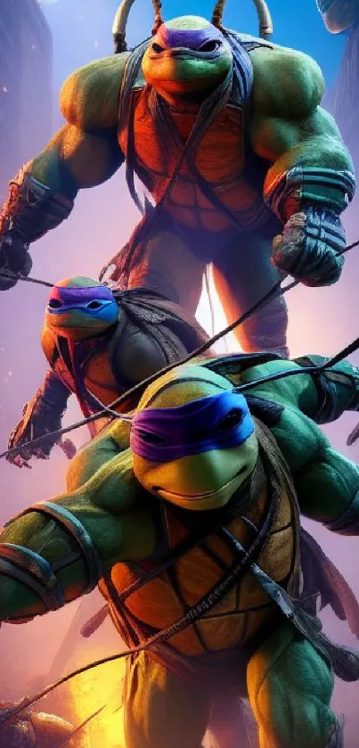 Epic action scene with heroic turtles on vibrant wallpaper.