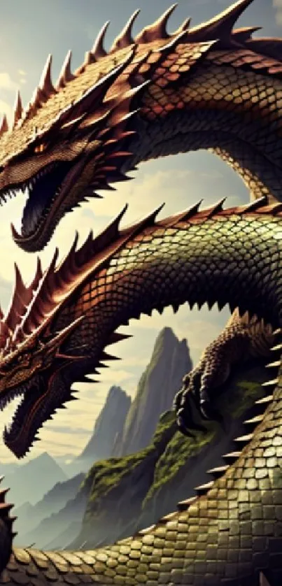 Epic mobile wallpaper of intertwined twin dragons on mountain backdrop.