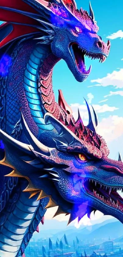 Epic two-headed dragon soaring above city skyline with vibrant colors.