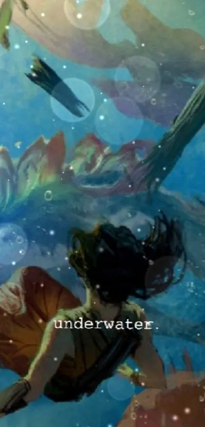 Fantasy dragon and diver underwater in vibrant colors.