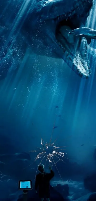 Epic underwater dinosaur scene with towering sea creature.